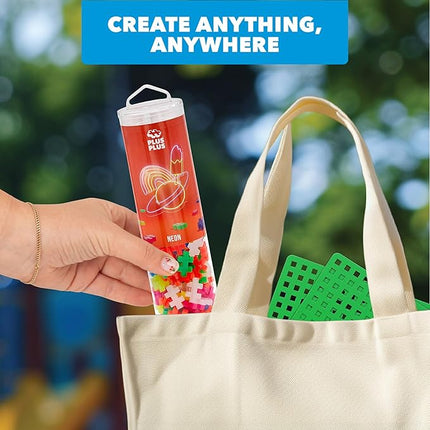 PLUS PLUS 240 Piece Interlocking Building Blocks for Kids, Open Ended Connecting Toys, STEM Bin Mini Manipulatives - Neon Mix Play Tube & Baseplate