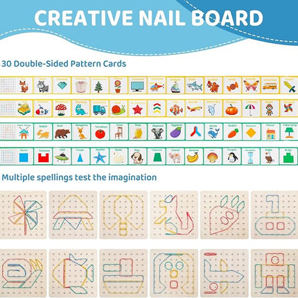 2Pack Wooden geoboards with Rubber Bands Montessori Toys, Mathematical Education Toy for Kids with Pattern Cards and geo Boards to Figures and Shapes, Brain Teaser STEM Toys for Classroom.