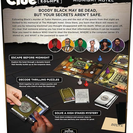 Clue Escape: The Midnight Hotel Board Game, Clue Escape Room Game, 1-Time Solve Mystery Games, Family Games for Ages 10+, 1-6 Players, 90 Mins. Avg.