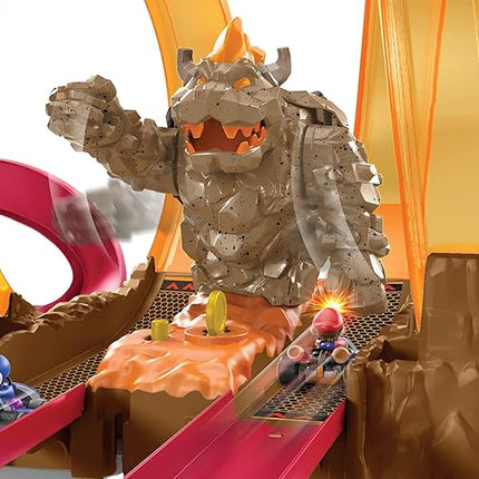 Hot Wheels Mario Kart Bowser’s Castle Chaos Modular Track with Side by Side Racing Lap Flags and Bowser Figure Connects to Other Sets Gift idea for Ages 3 Years and Older
