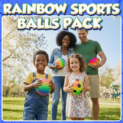 Sports Ball Set (4 Pack) - 5-Inch Rainbow Mini Basketball, Soccer, Football & Playground Balls w/Hand Pump - Fun Indoor Outdoor Toys for Toddlers, Little Kids, Preschoolers & Early Play