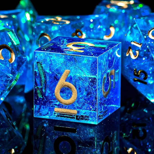 AUSTOR 7-Die DND Dice Set Handmade Sharp Edge Polyhedral Dice for Dungeons and Dragons D&D RPG MTG Table Games（Blue & Gold）