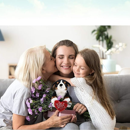 DolliBu I Love You Valentine Plush Bernese Dog - Cute Stuffed Animal with Red Heart and Name Personalization Gift for Valentines Day, Birthday, Anniversary, Romantic Date - 7 Inches