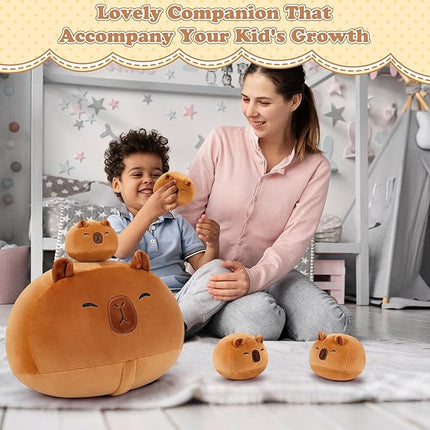 5 PCS Capybara Plush Stuffed Animal Family-19" Large Round Capybara Plush, Large Mommy Plushies with 4 Baby Plushie Toy for Kids, Kawaii Body Pillow Christmas Birthday Gifts for Kids Boys Girls