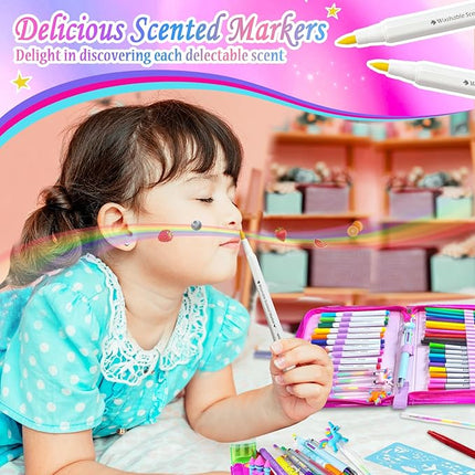 weirtoya 53 PCS Washable Scented Markers Set with Glitter Pencil Case, Mermaid Unicorn Arts and Crafts for kids 4-6-8 Kids Coloring Drawing Kits for 4-8 Years Old Girls Birthday Gifts