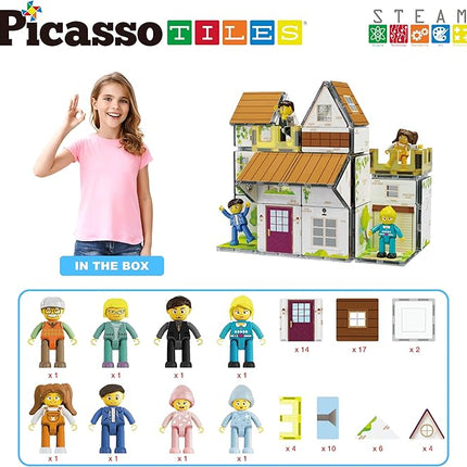 PicassoTiles Magnet Tile Building Block Family Homestead Doll House Theme Playset 8 Character Action Figures Double Sided Magnetic Tiles Printing STEM Education Learning Kit Toy Set Kids Ages 3+ PTQ06