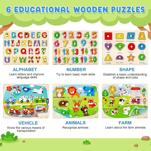 6 Pack Wooden Puzzles for Toddlers, Peg Toddler Puzzles Include Alphabet Number Shape Animals Vehicle Farm Puzzles with Storage Rack Preschool Educational Learning Toys for 3 4 5 Boys Girls