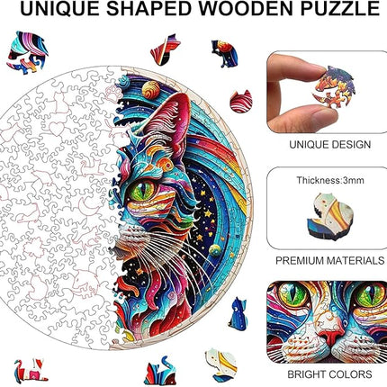 Wooden Puzzle for Adults – Unique Cat-Shaped Jigsaw, Animal Desgin Brain Teaser for Kids & Teens, 200 Pieces, 10"x10", Ships as Whole Puzzle Board (No Loose Pieces), Gift-Ready Box, Fun Family Game,