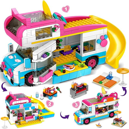 HOGOKIDS 3-in-1 Girls Camper Van Building Set - 494PCS Summer Beach Camping Building Blocks Sets | Food Truck Toys with Slide and Stickers | Easter Gifts for Girls Boys Age 6 7 8 9 10 11 12+