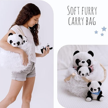 Perfectto Design Panda Stuffed Animal Bear Plush Toy for Girls 5 PCS Set - Mommy, 2 Babies, Bag, Blanket stuffies 3 4 5 Year Old Girl, Little Girls Birthday, Christmas Age 3-9