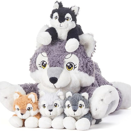 IKASA Mommy Wolf Stuffed Animal Mom and Baby Plush Toy, Cute 18" Soft Small Mama Family Set with Little Mini Babies,Gifts for Kid (Wolf)