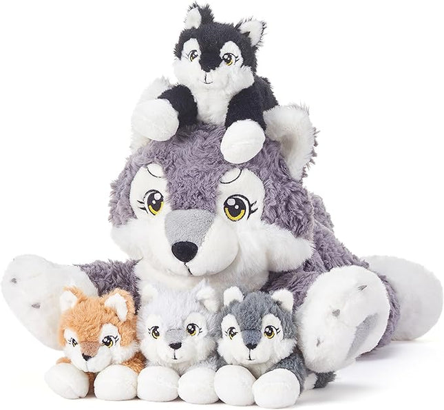 IKASA Mommy Wolf Stuffed Animal Mom and Baby Plush Toy, Cute 18" Soft Small Mama Family Set with Little Mini Babies,Gifts for Kid (Wolf)