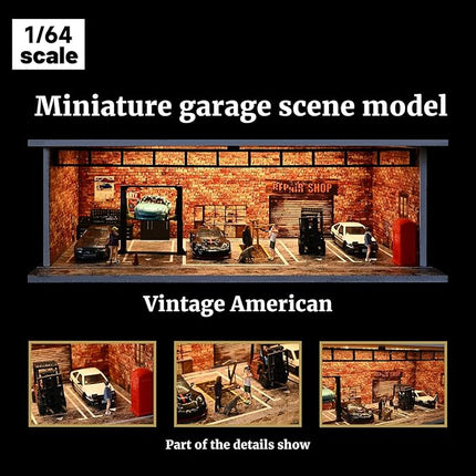 Display Case for Hot Wheels,Diorama 1/64 Scale Car Garage Model with LED Lights and Acrylic Cover, Stackable Car Parking Lot Model,Diecast Car Display Case (Vintage Garage)