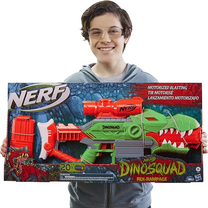Nerf DinoSquad Rex-Rampage Motorized Dart Blaster, 10-Dart Clip, 20 Official Darts, 10-Dart Storage- T-Rex Dinosaur Design, Red