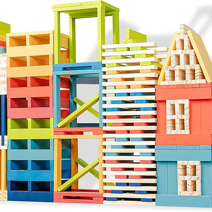 300pcs Open Ended Wooden Building Blocks for Kids 6.6lb, Solid Rectangular Wood Construction Toys for Toddlers, STEM Building Set,Birthday Gift for Kids Ages 3-8 Small 4.7" - Pine Rainbow