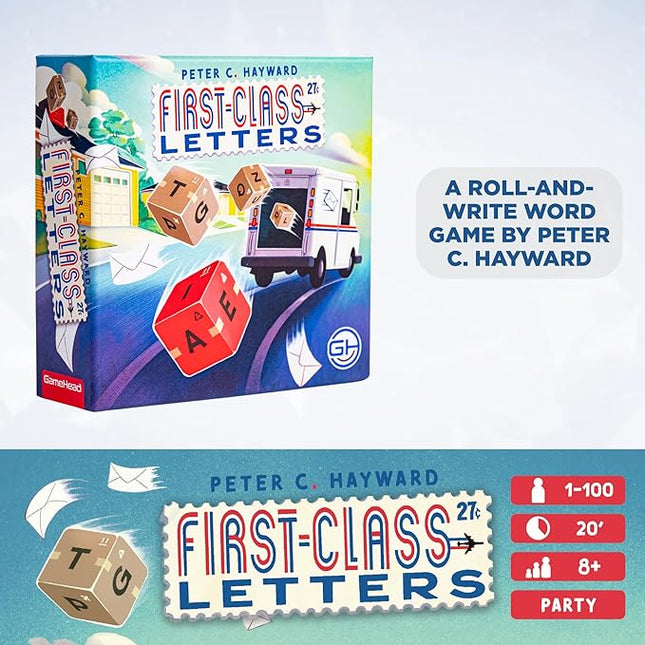 GameHead First-Class Letters, Roll & Write Word Game for Families and Parties, Ages 8+, 1-100 Players, Fast Paced 20 Minute Play Time, Fun and Travel Friendly