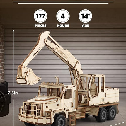 3D Wooden Puzzle for Adults, Excavator Wooden Mechanical Model Car Kits to Build, Brain Teaser Pull Back Truck Toys Birthday for Men Women (Excavator)