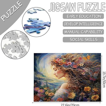 Fashion Girl with Flowers Puzzles 1000 Pieces for Adults, Families (Female,Tropical Plants,Butterfly) Pieces Fit Together Perfectly 19.7''x27.6''inch Garden Wilflowers Magic Puzzle Art（Colorful）