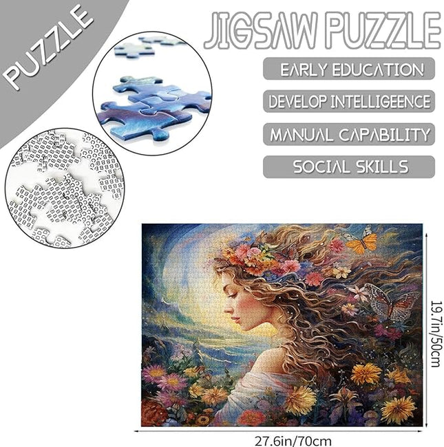 Fashion Girl with Flowers Puzzles 1000 Pieces for Adults, Families (Female,Tropical Plants,Butterfly) Pieces Fit Together Perfectly 19.7''x27.6''inch Garden Wilflowers Magic Puzzle Art（Colorful）