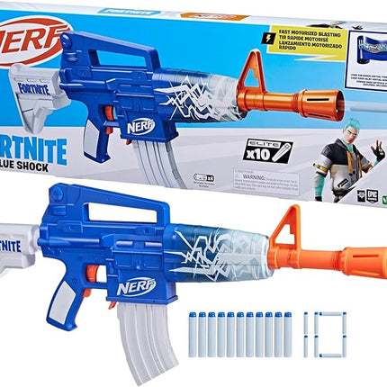 Nerf Fortnite Blue Shock Blaster, 10-Dart Clip, 10 Elite Nerf Darts, Includes Bonus Code to Unlock The Beat Wrap in The Game, Motorized Dart Blaster