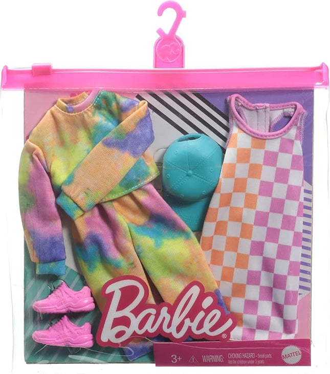 Barbie Fashions 2-Pack Clothing Set, 2 Outfits Doll Include Tie-Dye Joggers & Sweatshirt, Checked Dress, Blue Cap & Pink Sneakers, Gift for Kids 3 to 8 Years Old