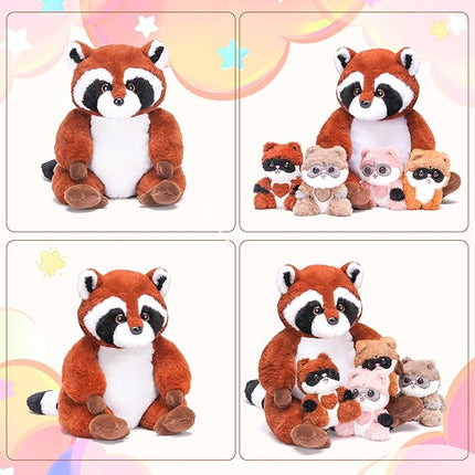 IKASA Mommy Raccoon Stuffed Animal Mom and Baby Plush Toy, Cute 12.5" Soft Mama Family Set with Little Mini Babies,Gifts for Kids