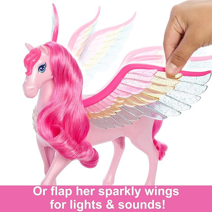 Barbie Doll Toys, Pegasus Pink Winged Horse Toy with 10 Accessories Including Puppy & Barrettes, Inspired A Touch of Magic