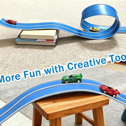 15 Ft Flexible Race Car Track (Daytona Blue) for Kids,Flex Track Starter Set Compatible with Hot Wheels and Diecast 1/64th Cars,Portable Racetrack Roll Up Race Track with 4 Racecars and Suction Cups