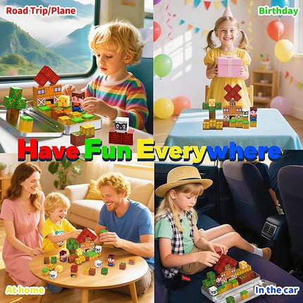 Farm Animal Magnetic Building Blocks Travel Toys, 35PCS Magnetic Cubes for Kids 3-8, Portable STEM Building Tiles with Metal Storage Box, Toddler Learning Toys for Ages 3-5，Fun Gifts, Classroom Prizes