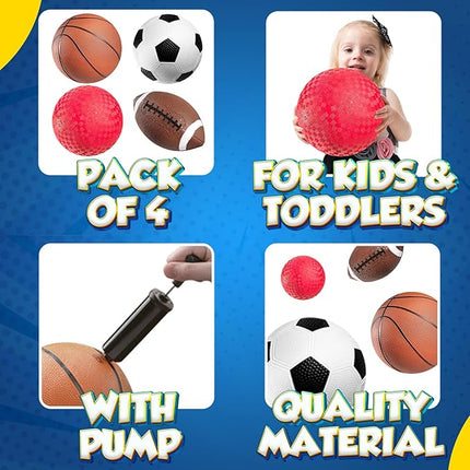 8.5” Sports Balls for Kids & Toddlers - (Pack of 4) Rubber Inflatable Multi-Sport Ball Set - Football, Soccer Ball, Basketball, Playground Ball & Pump - Birthday Gift Toys for Boys & Girls