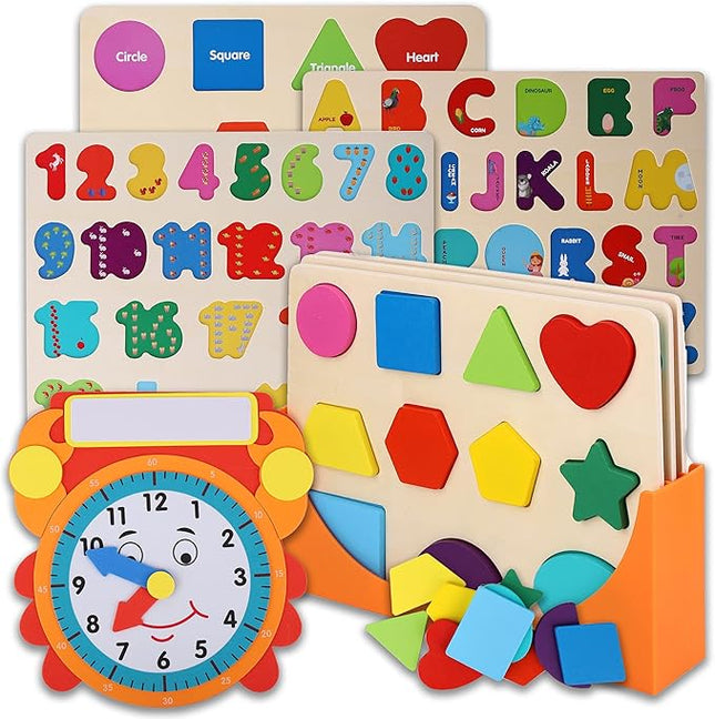 Wooden Puzzles for Toddlers and Rack Set - (3 Pack) Bundle with Storage Holder Rack and Learning Clock - 3 in 1 Kids Educational Preschool Peg Puzzles – Alphabet, Letters, Numbers and Shapes