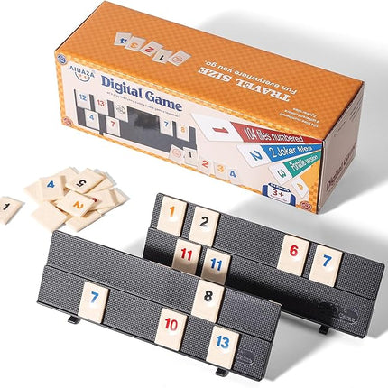 Rummy Cube Game with Portable Bag, Mini Rummy Cube Game for Adult and Kids,106 Tiles, Playing Rack，Travel Set with 4 Tiles Holders for Family Classic Board Games (Travel Edition 2-4 Players)