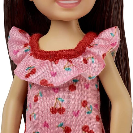 Barbie Chelsea Doll (Brunette) Wearing Ruffled Cherry-Print Dress and Black Shoes, Toy for Kids Ages 3 Years Old & Up