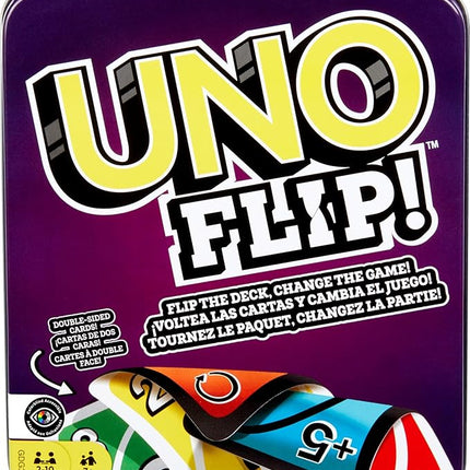 Mattel Games UNO FLIP! Card Game in Storage & Travel Tin, Color Blind Accessible Deck for Kids, Adults & Family Nights & Parties (Amazon Exclusive)