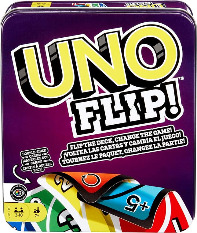 Mattel Games UNO FLIP! Card Game in Storage & Travel Tin, Color Blind Accessible Deck for Kids, Adults & Family Nights & Parties (Amazon Exclusive)