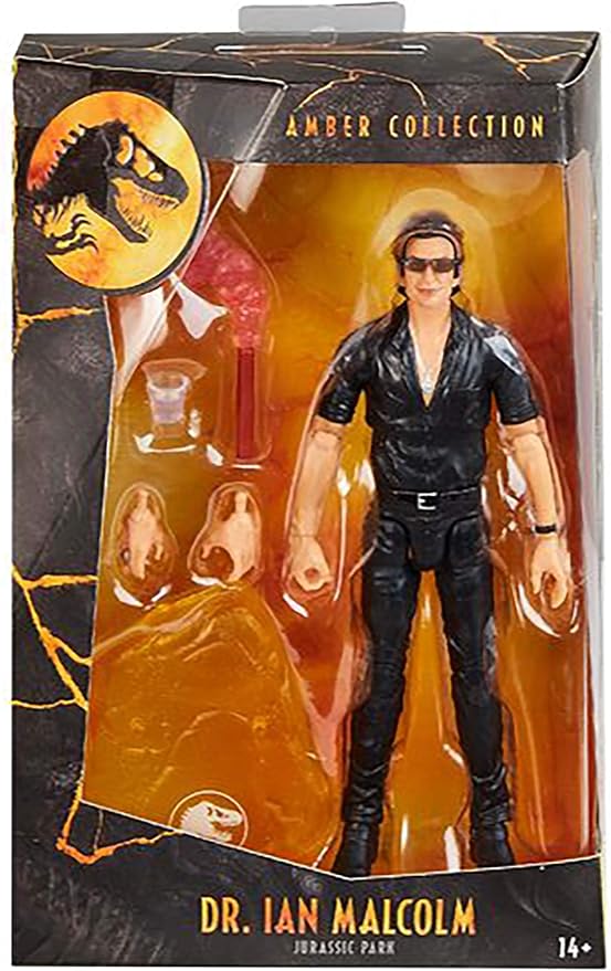 Mattel Jurassic World Amber Collection Dr. Ian Malcolm 6.5-inch Collectible Action Figure with Display Stand, Extra Pair of Swappable Hands, Flare and Water Cup Accessories; For Ages 4 and Up