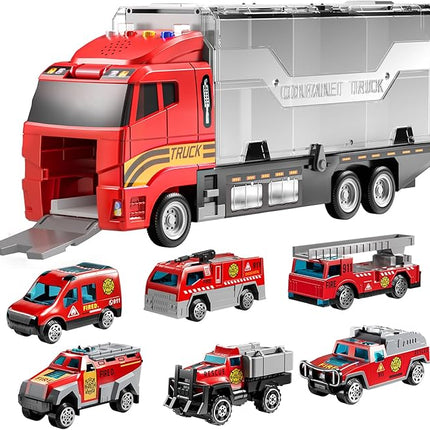 TEMI Toddler Toys for 3 4 5 6 Years Old Boys, Die-cast, Alloy Metal Emergency Fire Rescue Vehicle Transport Car / Truck Toys Set w/Play Mat for Age 3-9 Toddlers Kids Boys & Girls