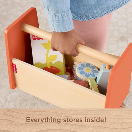 Fisher-Price Wood Pretend Play Toy Tiny Garden Caddy, 12-Piece Set with Wooden Tools & Plants for Preschool Kids Ages 3+ Years (Amazon Exclusive)