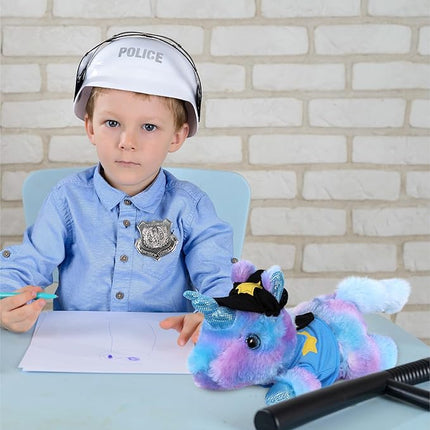 DolliBu Friday Blue Unicorn Police Officer Plush Toy - Soft Unicorn Cop Stuffed Animal Dress Up with Cute Cop Uniform and Cap Outfit - Gift with Personalization - 10.5 Inches