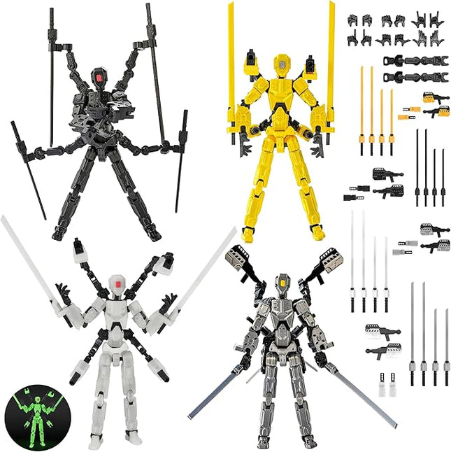 T13 Action Figure Set & Titan 13 Toys 4 Pack（3d Printed Action Figures Assembly Completed）（Multi-Jointed Movable）（Mecha Designs Includes Various Accessories）Dummy 13 T 13 Figures Desk Decoration 5.5in