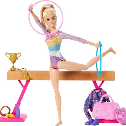 Barbie Gymnastics Doll & Accessories, Playset with Blonde Fashion Doll, C-Clip for Flipping Action, Balance Beam, Warm-Up Suit & More
