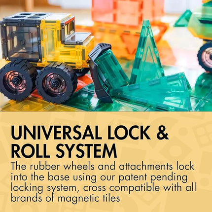 Learn & Grow Mega Movers - Magnetic Tiles Construction Trucks – Magnetic Build a Truck Set with 2 Jumbo Magnet Car Vehicles & Moveable Rubber Wheels – Durable STEM Building Toy for Kids Ages 3+