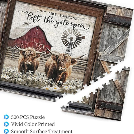 Highland Cow Jigsaw Puzzles 500 Pieces for Adults, Farm Animal & Daisies Country Scene, Rustic Window View Wooden Puzzle, Relaxing Nature Art & Farmhouse Decor Gift
