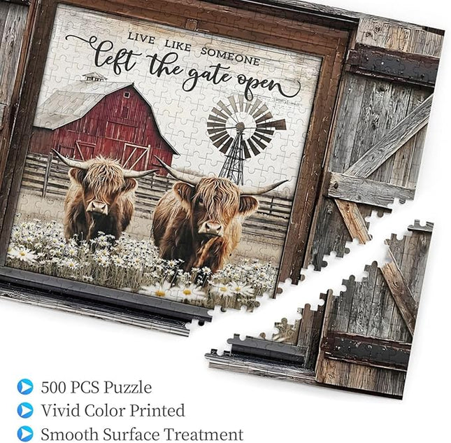 Highland Cow Jigsaw Puzzles 500 Pieces for Adults, Farm Animal & Daisies Country Scene, Rustic Window View Wooden Puzzle, Relaxing Nature Art & Farmhouse Decor Gift