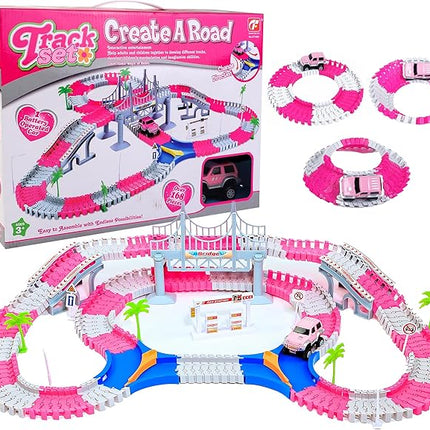 168 PCS Pink Magic Bendable Race Track Toy, Snap Together Create a Road Flexible Track Car Set for Toddlers, Kids, Boys, and Girls