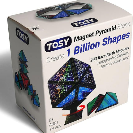 TOSY Magnet Pyramid Stone - 1 Cube Transforms into 1 Billion Shapes, 14 pcs (12 Puzzle pcs and 2 Accessories), 243 Rare Earth Magnets, Holographic Design Magnet Tiles Creative Puzzle STEM/STEAM Toy