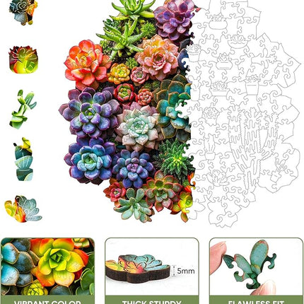 Mys Aurora Succulent Wooden Puzzles for Adults, 200 Piece Unique Shaped Wood Jigsaw Puzzles for Adults and Kids, Fun Challenging Puzzles Family Game Gift, Medium 11.2'' x 11'
