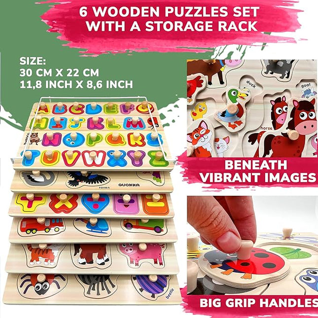 QUOKKA Wooden Puzzles for Toddlers 1-3 - 6XSET Toddler Puzzles Ages 2-4 with Rack - Learning Alphabet - Numbers - Animals Montessori Toy for Kids 3-5 - Wood Games Gift for Boys and Girls