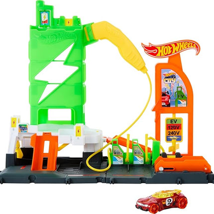 Hot Wheels City Track Set, Super Recharge Fuel Station Playset with EV Chargers & 1:64 Scale Toy Car