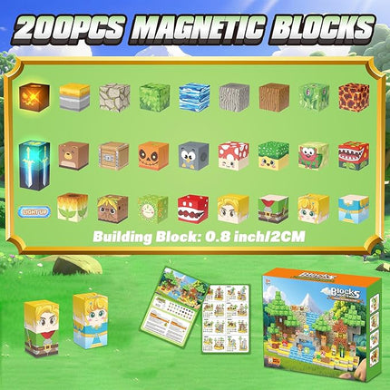 200PCS Magnetic Blocks - Light Up Magnetic Building Blocks Magnet Block Cubes Forest Set, STEM Sensory Stacking Toys for Kids Boys Girls Ages 3 4 5 6 7 8-12 Holiday Christmas Birthday Gifts
